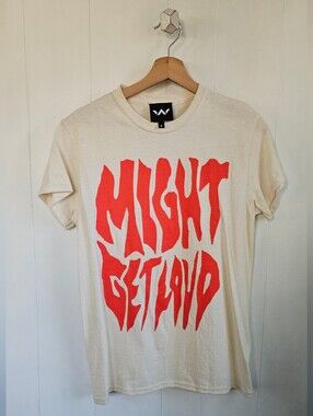 "MIGHT GET LOUD" Cream Graphic Tee with Bright Red Print